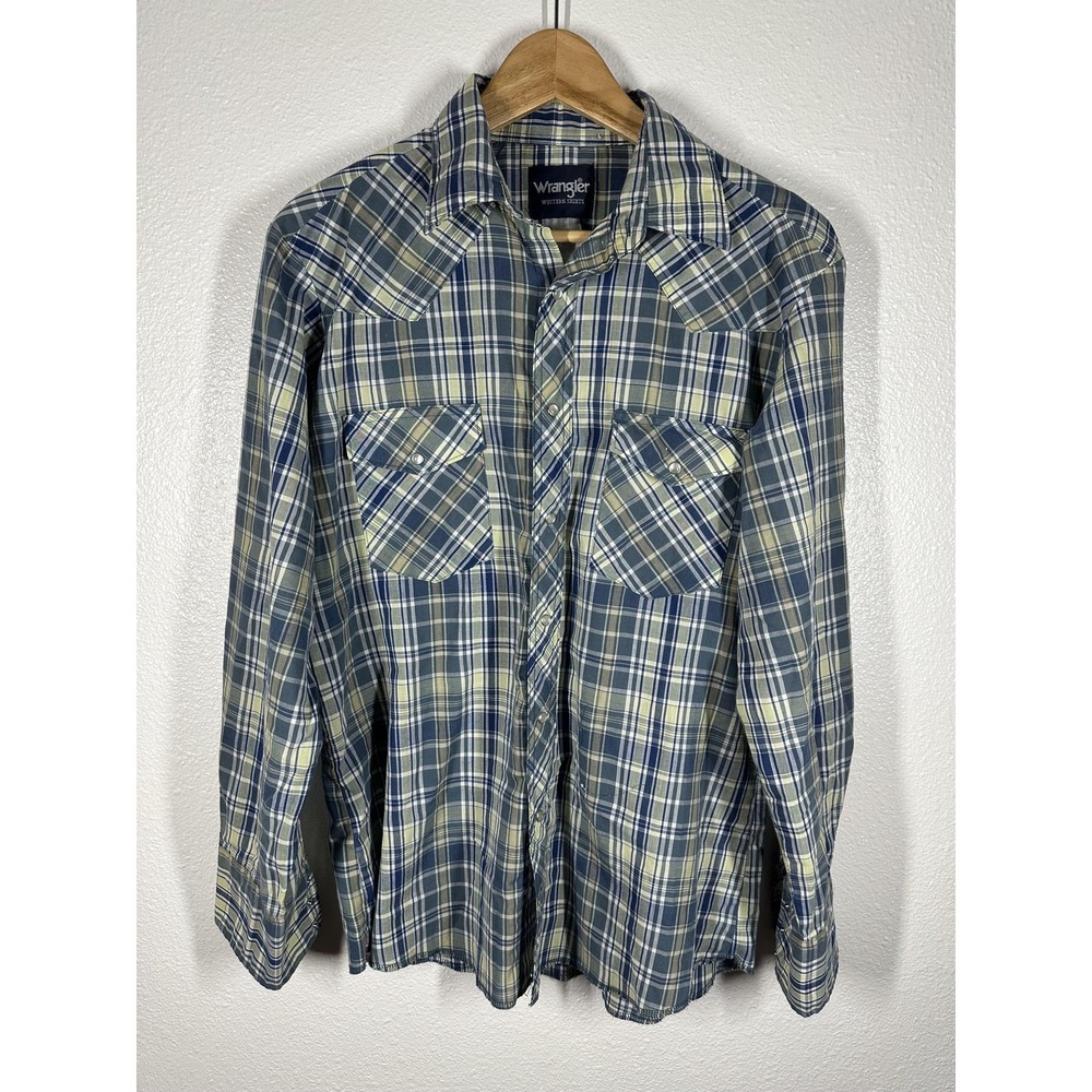 Wrangler Western Shirt Mens Medium Blue Green Plaid Snap Pearl Snap Cowboy